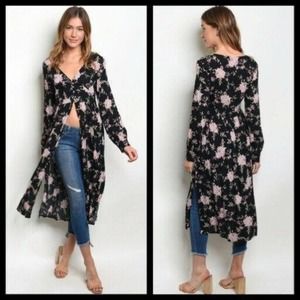 Le Lis Black Floral Tunic/Kimono Top-Medium